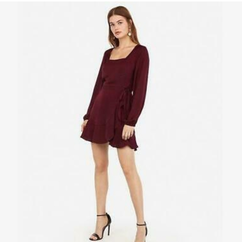 Square Neck Ruffle Wrap Dress - Burgundy